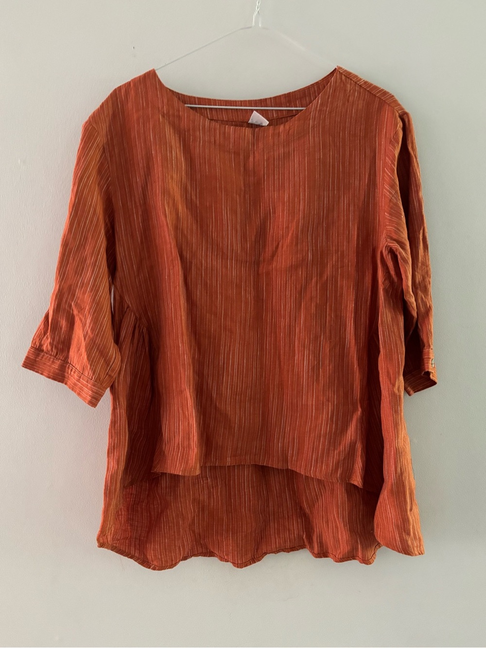 LINTICO Burnt Orange Terracotta Striped 100% Linen Peplum 3/4 Blouse Top Small